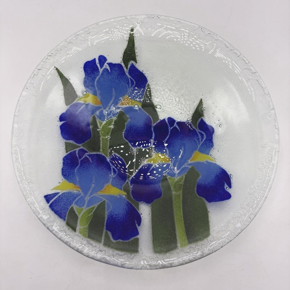 Peggy Karr Fused Art Glass Blue Iris Flower Bowl 10.5" Signed